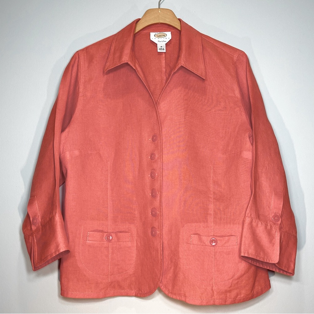 TALBOTS Women's Orange 100% Irish Linen Button Front Shirt Long Sleeve Size 16